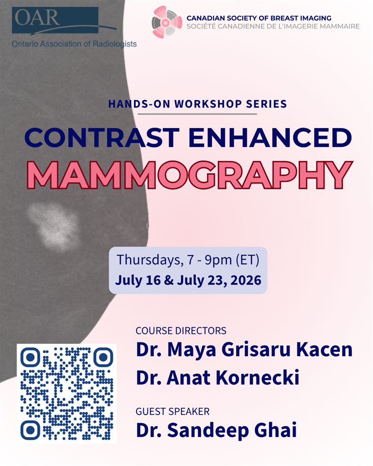 Short social version of the Contrast Enhanced Mammography workshop announcement: same dates, directors and QR code, set over a mammography image.
