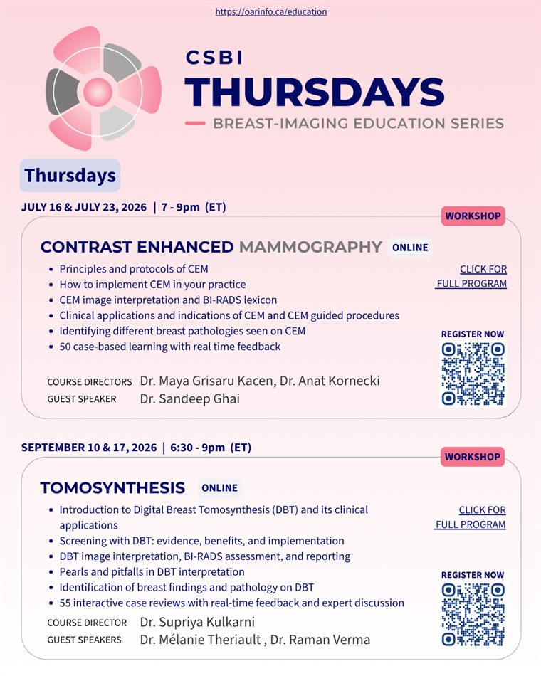 CSBI Thursdays program sheet listing both 2026 workshops, Contrast Enhanced Mammography (July 16 and 23) and Tomosynthesis (September 10 and 17), with topics, directors, speakers and a registration QR code for each.