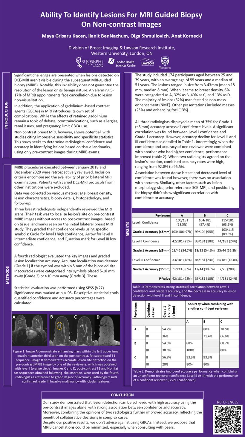 Final: the same poster rebuilt at portrait e-poster proportions. A clear title and author line, four labelled sections running top to bottom, the two results tables and the MRI figure panel kept legible at full size, a QR code to the references.